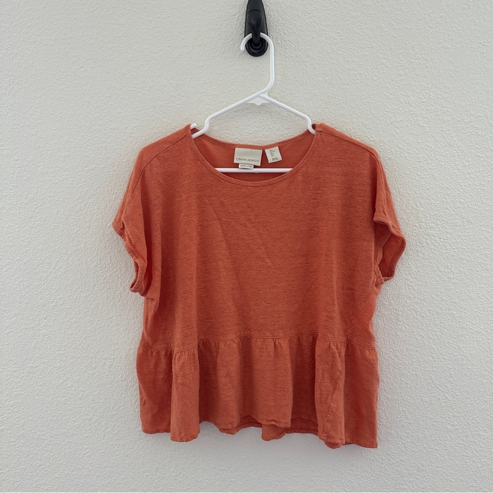 Cynthia Rowley Peplum Top Women Large Orange 100%‎ Linen Short Sleeve Crew Neck